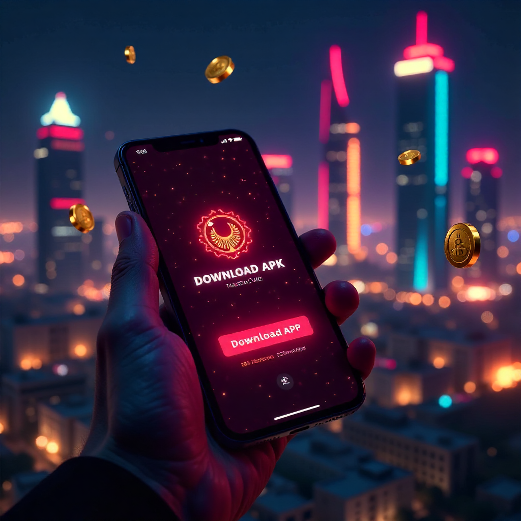 A hand holding a sleek futuristic smartphone showing a one-click \